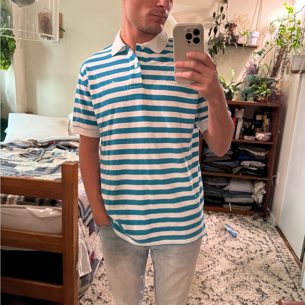 Striped Blue/Teal and White Men's Dockers Premium Edition Polo Shirt M